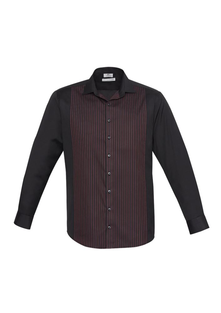 Mens Reno Panel Long Sleeve Shirt in Black and Port Wine, featuring a stylish dobby weave, UPF protection, and size 5XL.