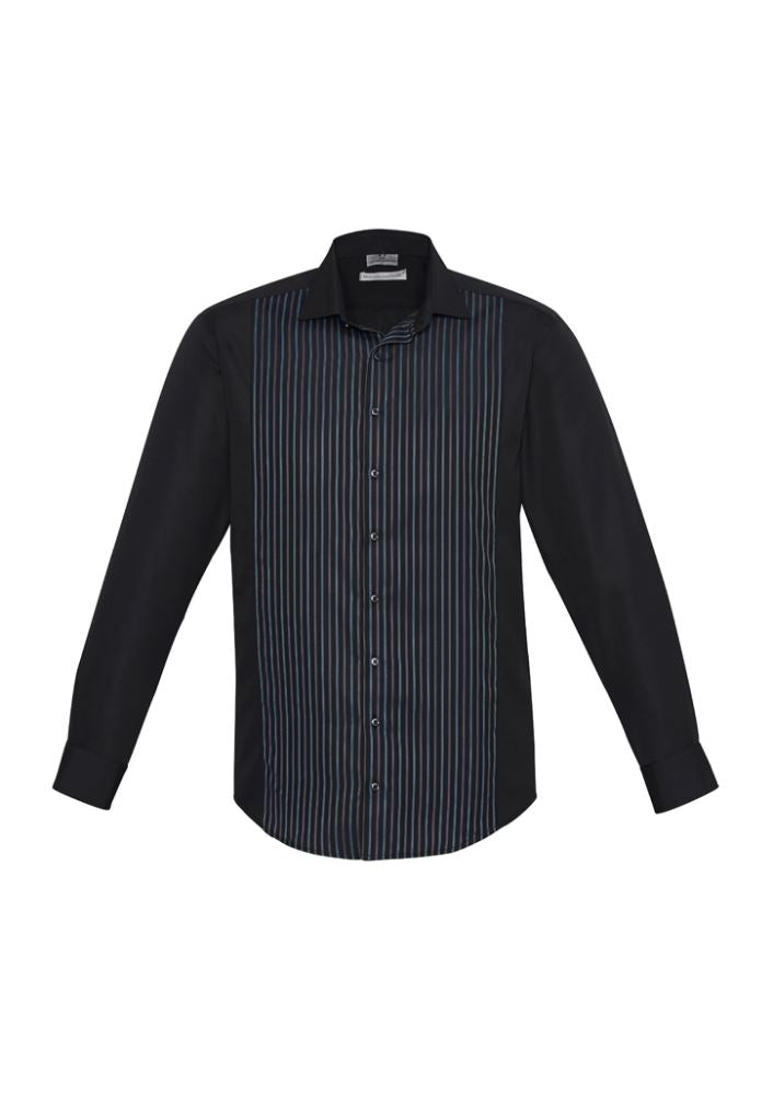Men's Reno Panel Long Sleeve Shirt in Black/Teal Blue, featuring a stylish dobby weave, UPF protection, and adjustable cuffs. Size S.