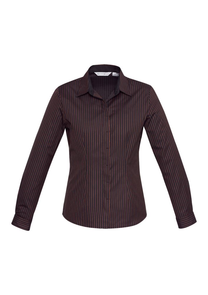 Ladies Reno Stripe Long Sleeve Shirt in Port Wine, featuring yarn-dyed stripes, UPF protection, and a tailored fit. Size 6.