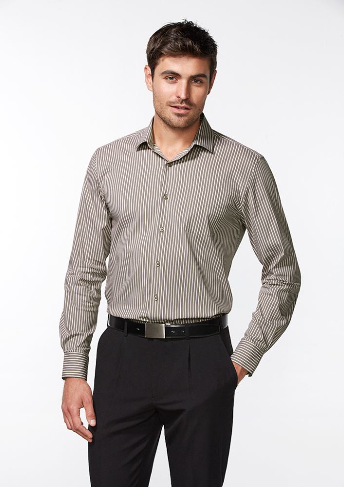 Men's Zurich Long Sleeve Shirt in Mocha/White, Size S, featuring a modern collar and stretch fabric for comfort and style.