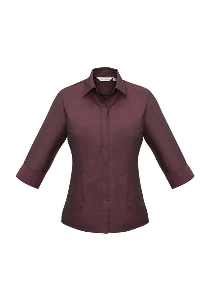 Ladies Hemingway 3/4 sleeve shirt in Port Wine, size 16, featuring a modern collar, concealed placket, and adjustable cuffs.