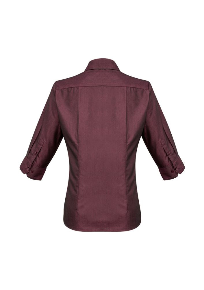 Ladies Hemingway 3/4 sleeve shirt in Port Wine, size 16, featuring a modern collar and adjustable cuffs for versatile styling.