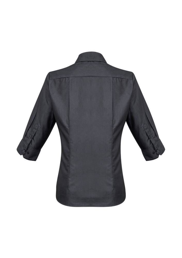 Ladies Hemingway 3/4 sleeve shirt in slate, size 18, featuring a sleek collar, concealed placket, and twin-back pleats.
