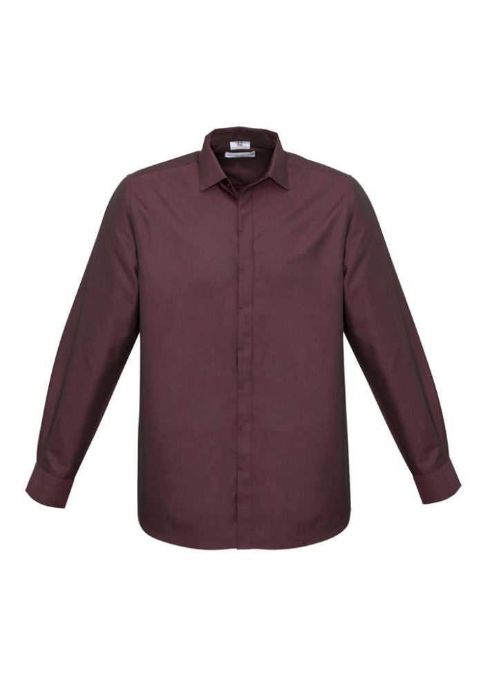 Men's Hemingway Long Sleeve Shirt in Port Wine, Size L, featuring modern collar, twin-back pleats, and UPF protection.