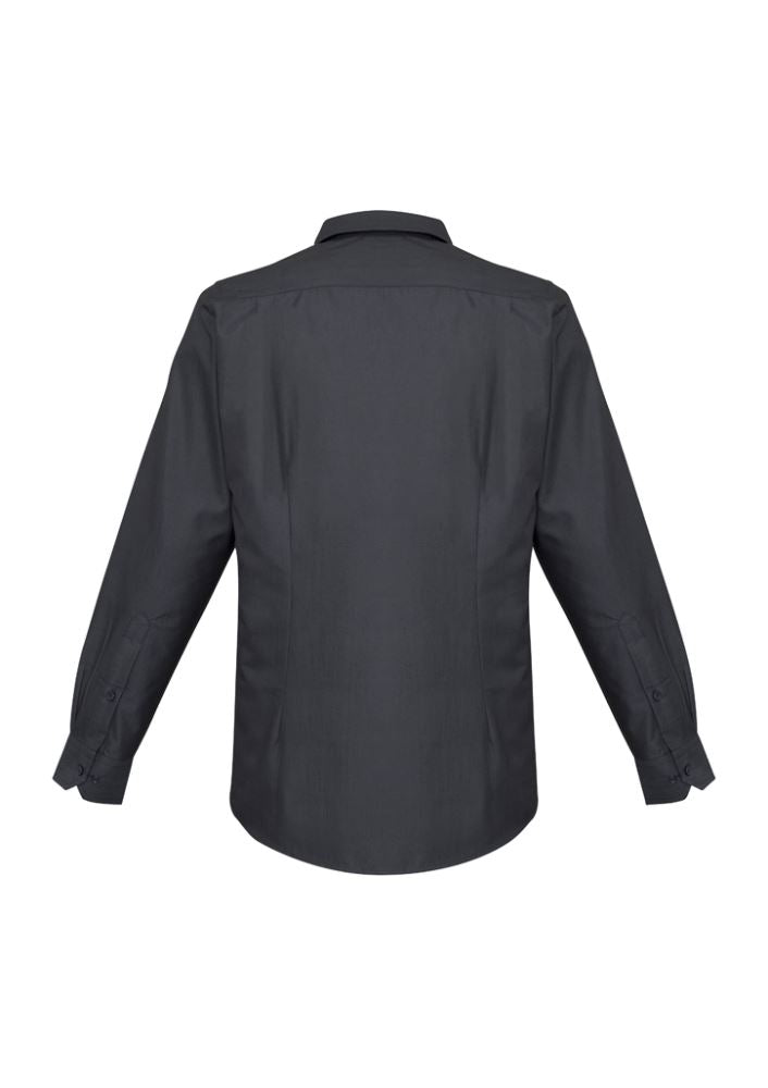 Men's Hemingway Long Sleeve Shirt in Slate, size 5XL, features cross-dyed fabric, modern collar, and adjustable cuffs for comfort.