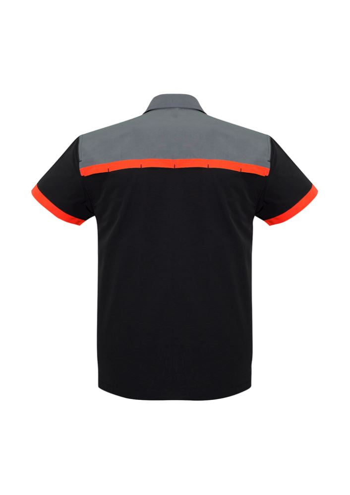 Men's Charger Shirt in black, fluoro orange, and grey; breathable, antibacterial, and stylish for active wear, size XXS.