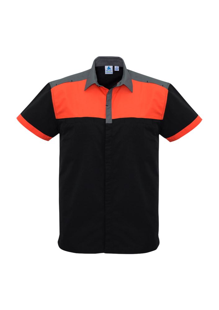 Mens Charger Shirt in Black, Fluoro Orange, and Grey, featuring breathable fabric, antibacterial treatment, and practical twin chest pockets.