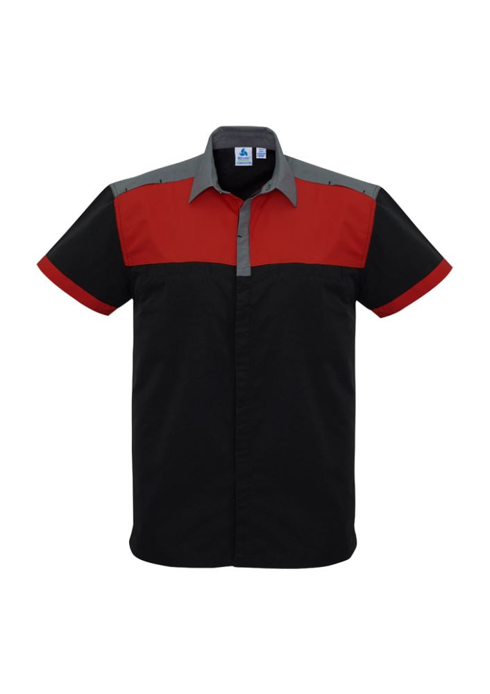 Men's 5XL Charger Shirt in Black, Red, and Grey featuring breathable fabric, sun protection, and odor-resistant technology.