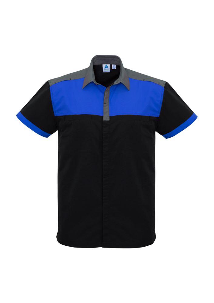 Men's Charger Shirt in Black/Royal/Grey, featuring breathable fabric, antibacterial treatment, and stylish contrast panels. Size L.