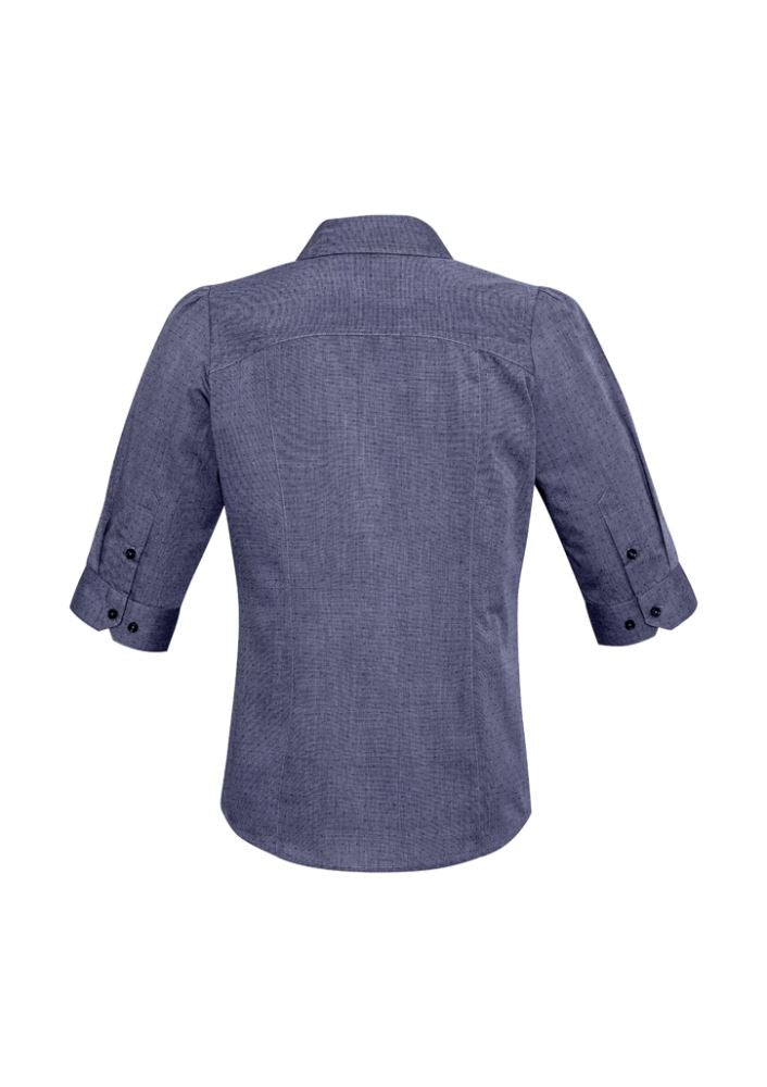 Midnight blue 3/4 sleeve shirt for women, size 12, featuring a chic Y-line placket and yarn woven pin dot pattern.