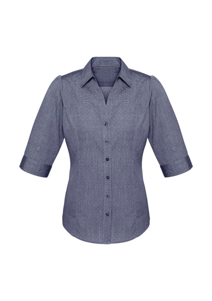 Midnight blue 3/4 sleeve shirt for women, featuring a stylish pin dot pattern and versatile curved hem, size 8.