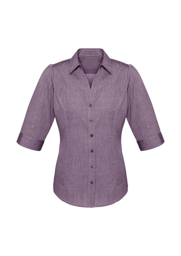 Ladies Trend 3/4 sleeve shirt in plum, size 18, featuring a yarn woven pin dot pattern, Y-line placket, and curved hem.