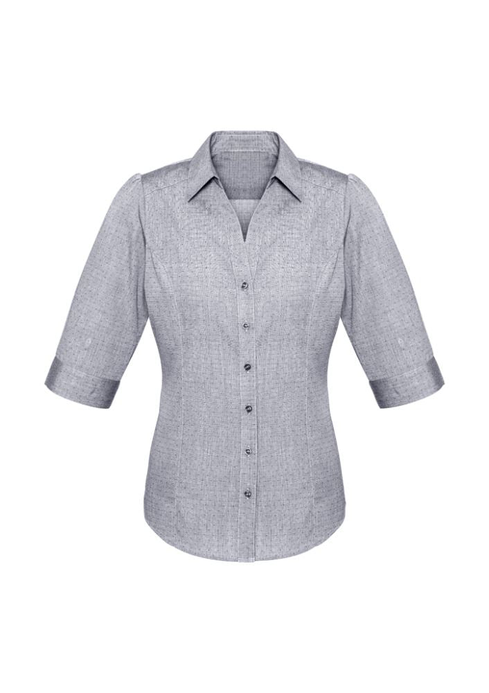 Ladies Trend silver 3/4 sleeve shirt, size 20, featuring yarn woven pin dot pattern and flattering Y-line placket design.