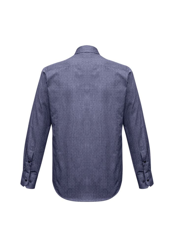 Mens Trend Long Sleeve Shirt in Midnight Blue, showcasing a stylish pin dot pattern, tailored fit, and curved hem design.