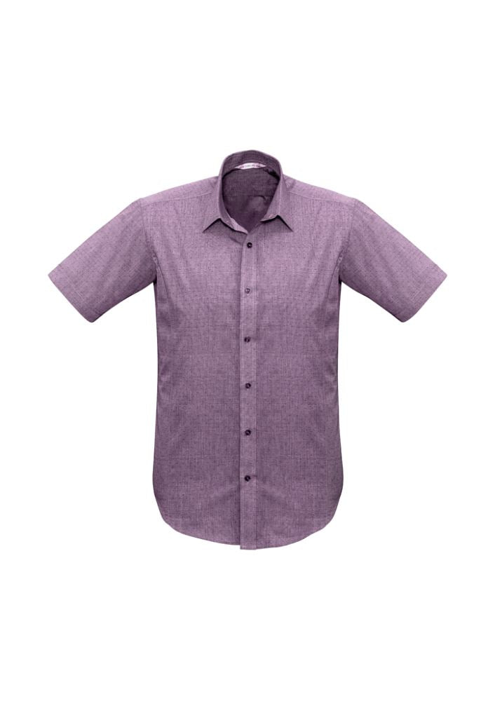 Men's plum short sleeve shirt, size XL, featuring a narrow collar, twin back pleats, and a stylish curved hem for versatility.