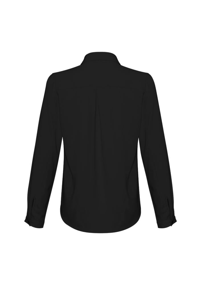Ladies Madison Long Sleeve blouse in black, made of 100% Mechanical Stretch Polyester, offering flexible comfort for any occasion.