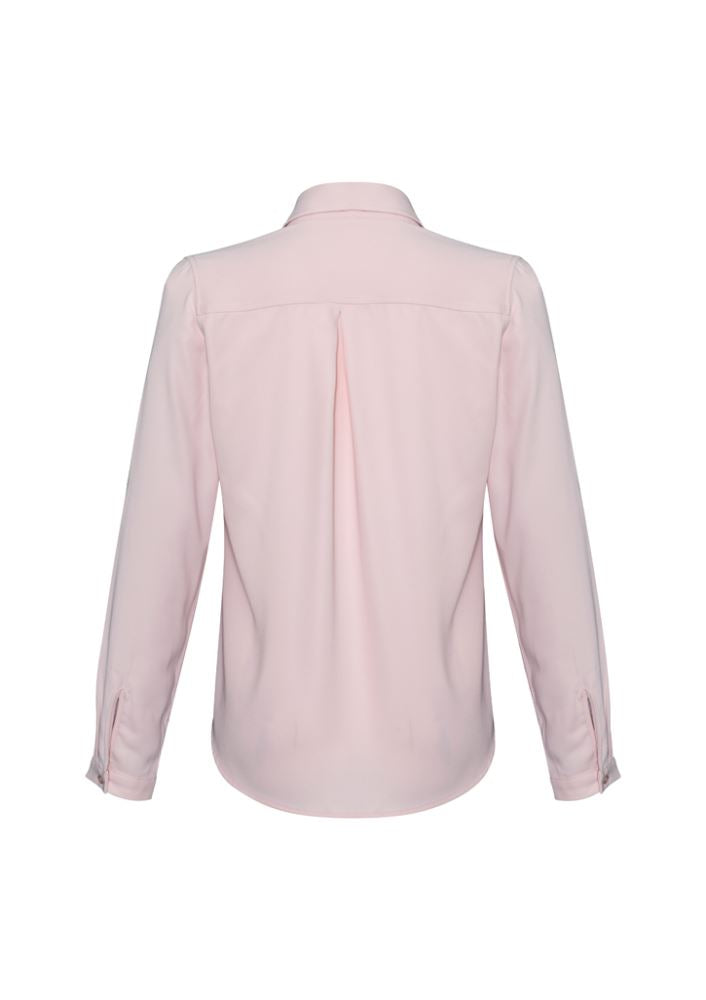 Blush pink long sleeve blouse for women, crafted from mechanical stretch polyester for comfort and versatile styling options.