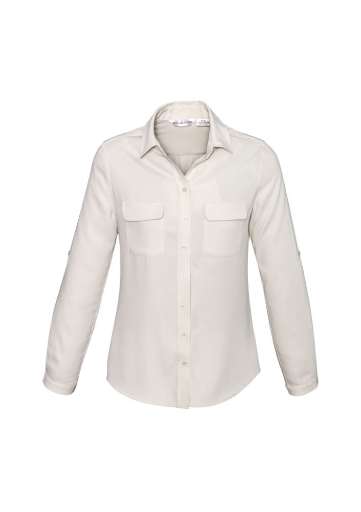 Ivory Ladies Madison Long Sleeve blouse in Size 14, crafted from 100% stretch polyester for stylish comfort and versatility.