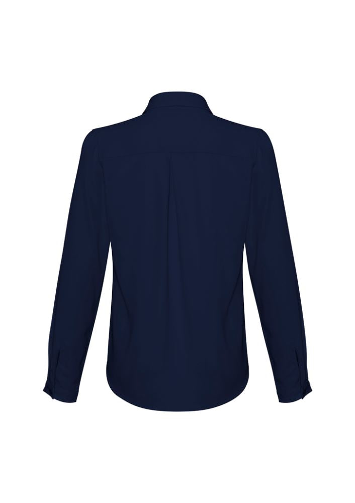 Ladies Madison Long Sleeve blouse in Midnight Blue, Size 12, showcasing versatile styling options for comfort and elegance.