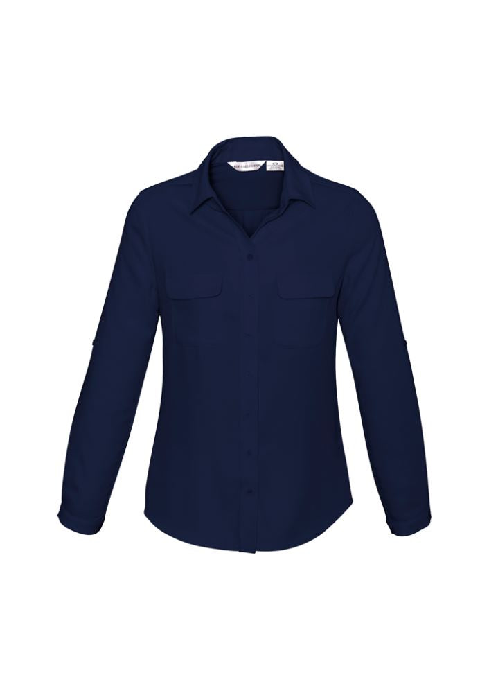 Midnight blue Ladies Madison Long Sleeve blouse, size 26, featuring mechanical stretch for comfort, ideal for versatile styling.