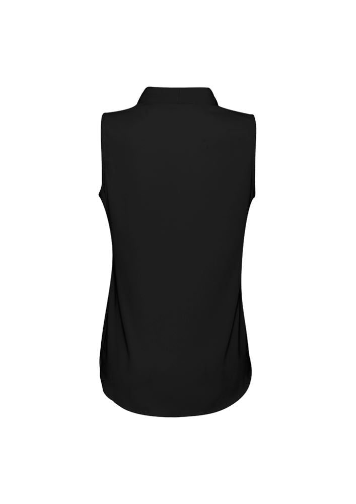 Chic black sleeveless blouse with shawl collar and hidden buttons, ideal for warm weather or office layering.