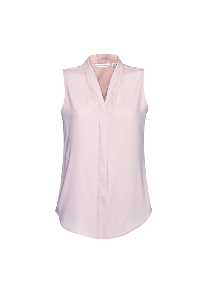 Blush pink sleeveless blouse with shawl collar and concealed buttons, designed for comfort and versatility. Size 8.