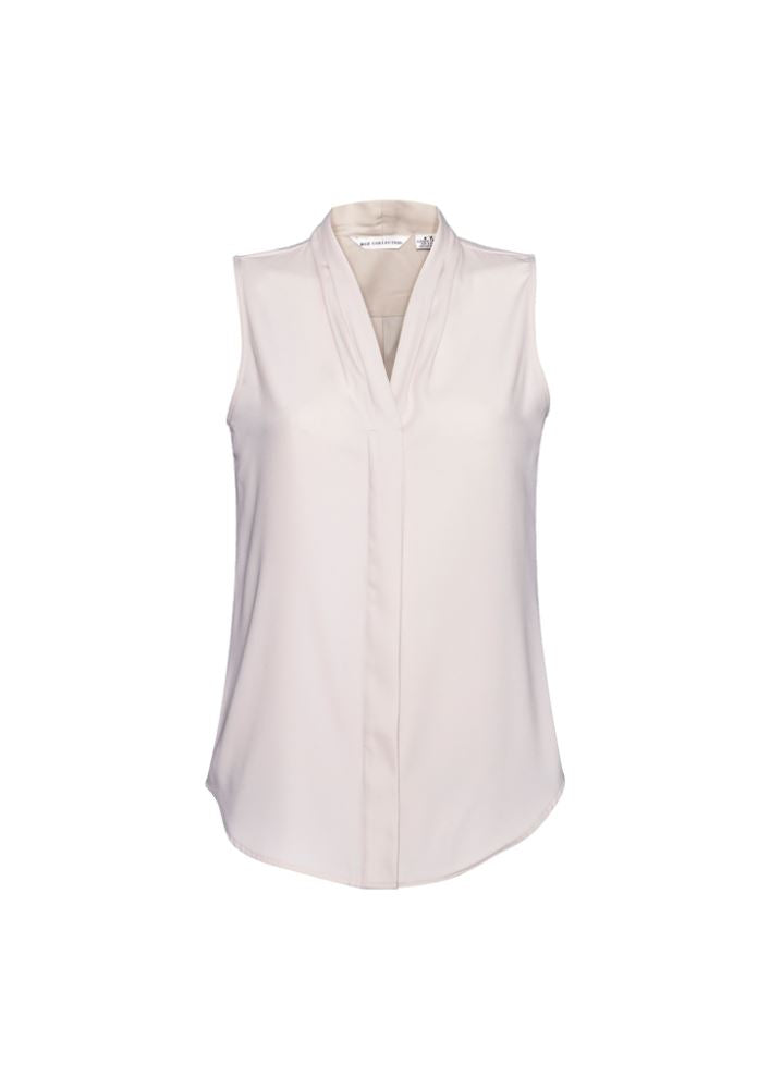 Ivory sleeveless blouse with shawl collar, concealed buttons, and flexible polyester, perfect for casual office wear or layering.