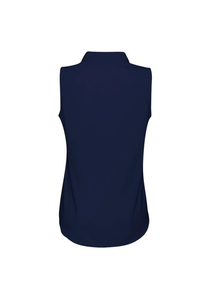 Ladies Madison Sleeveless blouse in Midnight Blue, featuring a shawl collar and concealed buttons for effortless style and comfort.