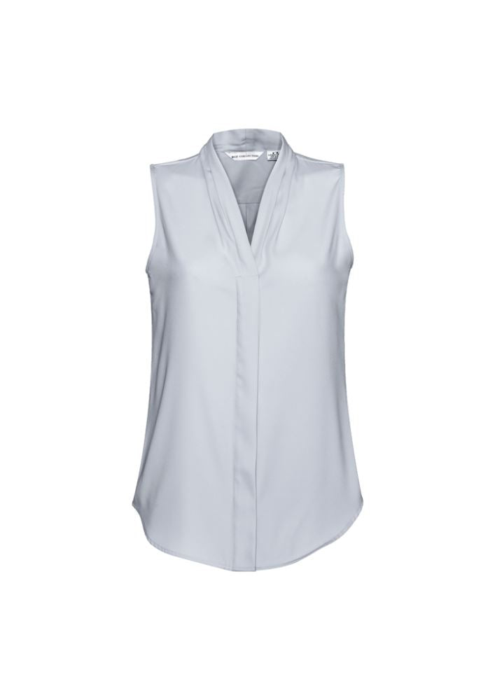 Elegant sleeveless blouse with shawl collar and concealed buttons, made from stretchy polyester, perfect for layering or solo wear.