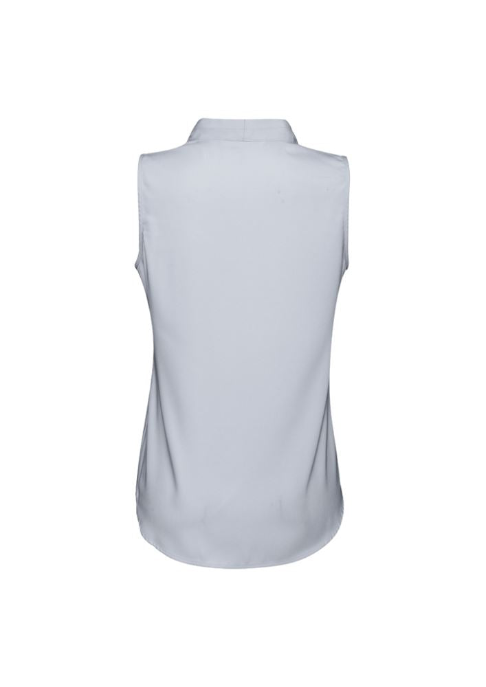 Elegant ladies' sleeveless blouse with shawl collar and concealed buttons, crafted from stretch polyester for comfort.