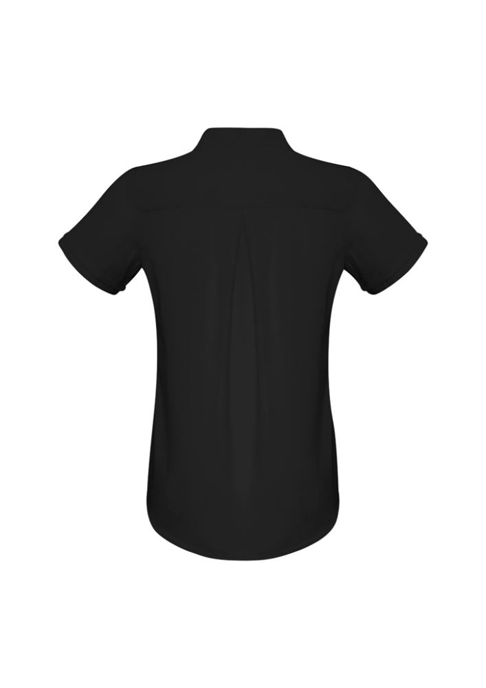 Ladies Madison Short Sleeve Blouse in Black, featuring easy-care polyester, secret button, and action back pleat for comfort and style.