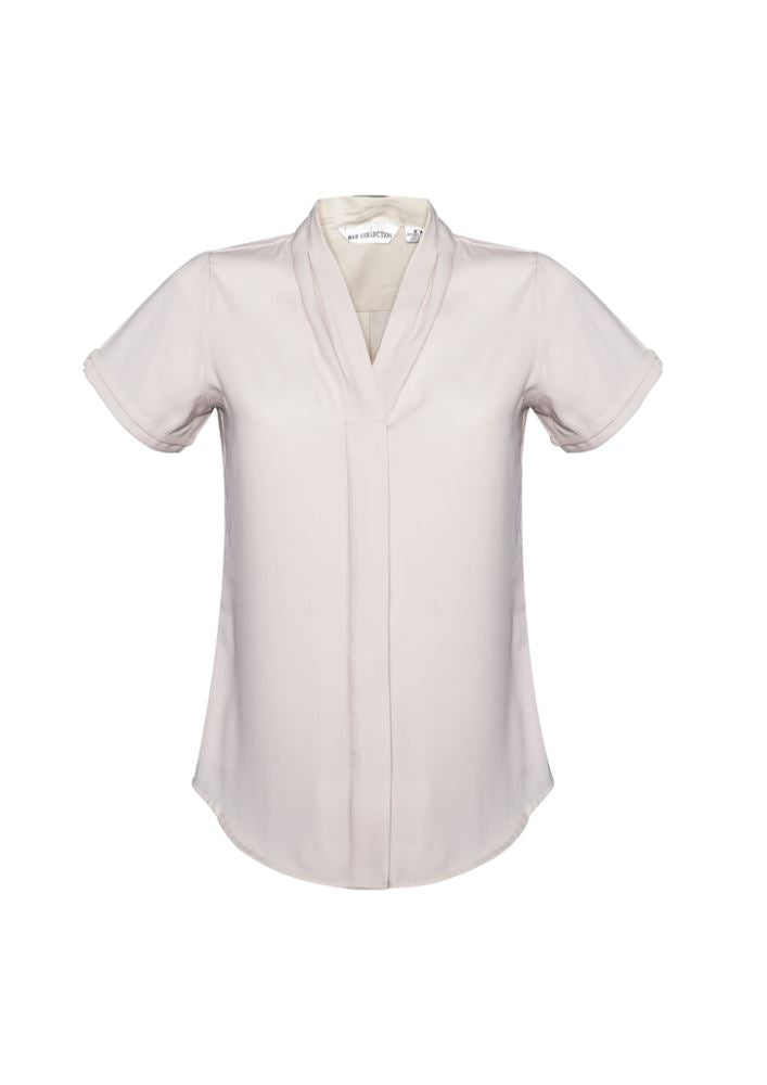 Ladies Madison Short Sleeve Blouse in Ivory, Size 10, featuring stretch fabric, discreet button, and action back pleat for comfort.