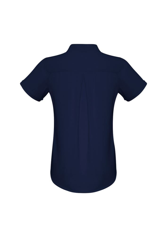 Ladies Madison Short Sleeve blouse in midnight blue, featuring a secret button closure and action back pleat for comfort and style.