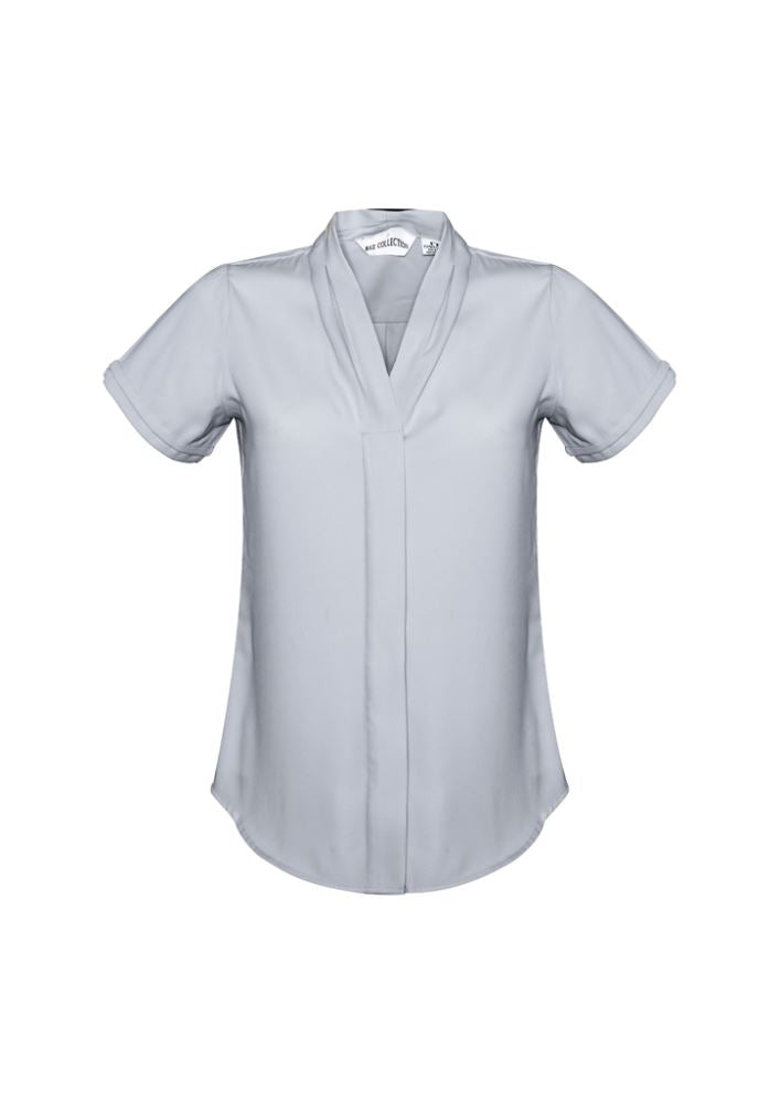 Stylish silver mist short sleeve blouse in size 22 with secret button and action back pleat for comfort and flexibility.