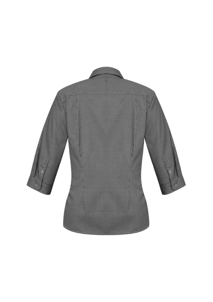 Ladies Ellison 3/4 Sleeve Shirt in black, size 14, featuring yarn-dyed check fabric, elegant fit, and versatile curved hem.