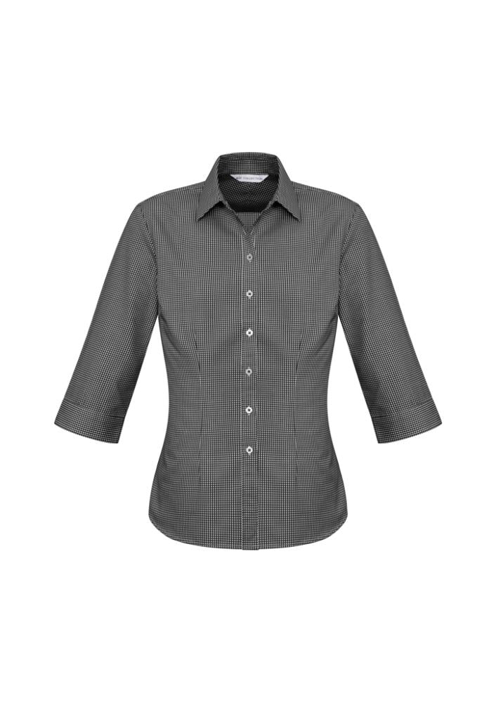 Ladies Ellison 3/4 Sleeve Shirt in black, Size 14, featuring a yarn-dyed check pattern, curved hem, and elegant fit.