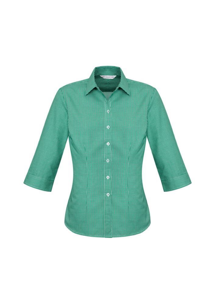 Dark green 3/4 sleeve shirt for women, featuring a yarn-dyed check pattern, tailored fit, and UPF protection from Biz Collection.