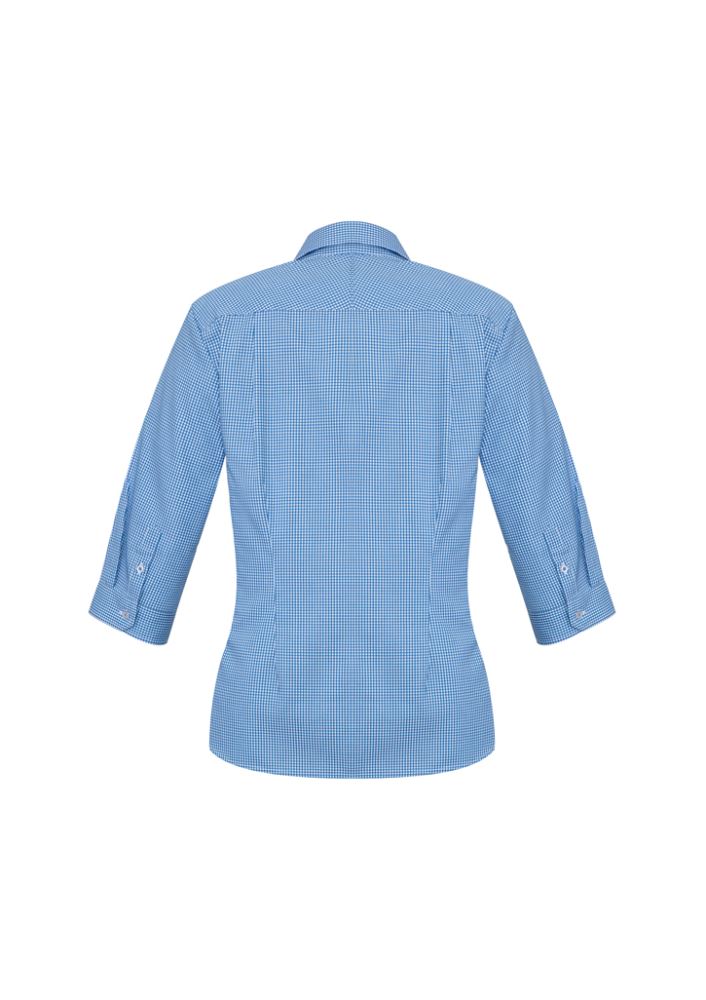 Elegant 3/4 sleeve blue check shirt for women, crafted from a cotton-polyester blend with UV protection and flattering fit.