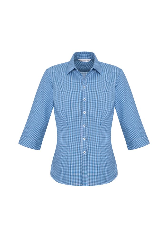 Ladies Ellison 3/4 Sleeve Shirt in blue, featuring a stylish check pattern, elegant fit, and UPF sun protection.