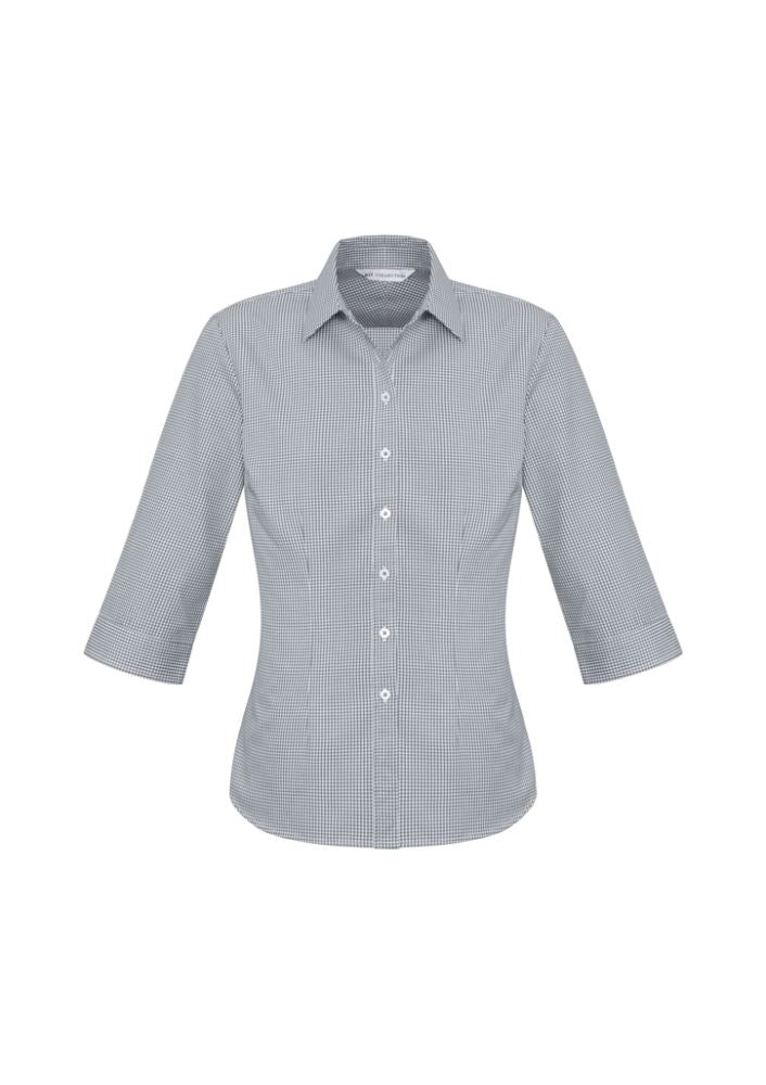 Stylish silver 3/4 sleeve shirt for ladies, size 24, featuring a check pattern and flattering fit from Biz Collection.