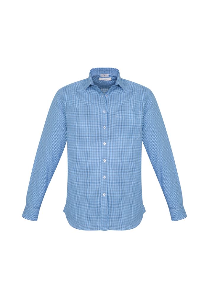 Men's Ellison Long Sleeve Shirt in Flint Blue with modern collar, chest pocket, and adjustable cuffs, perfect for any occasion.