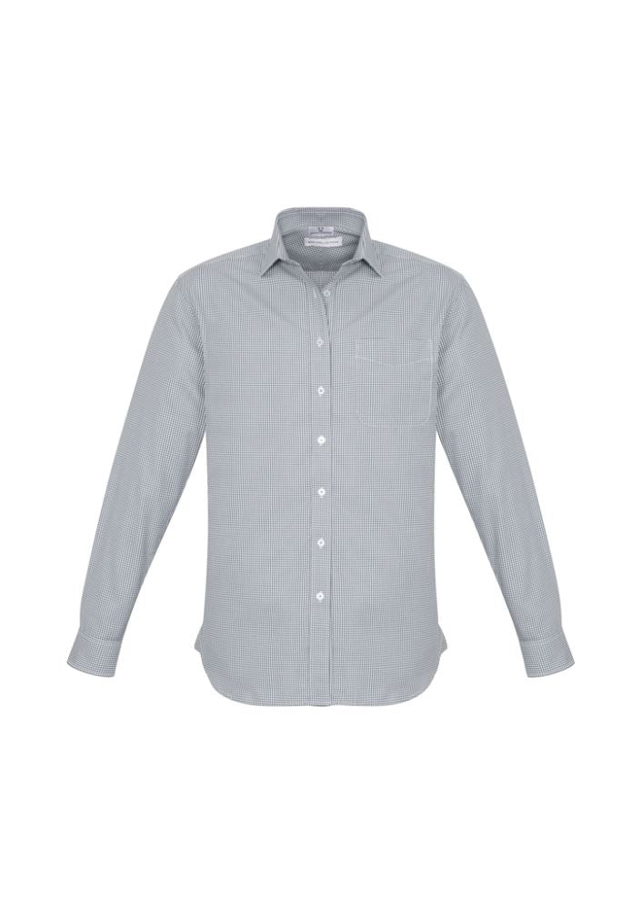 Men's Ellison Long Sleeve Shirt in silver, 4XL, featuring a chic check pattern, modern collar, and UPF protection.