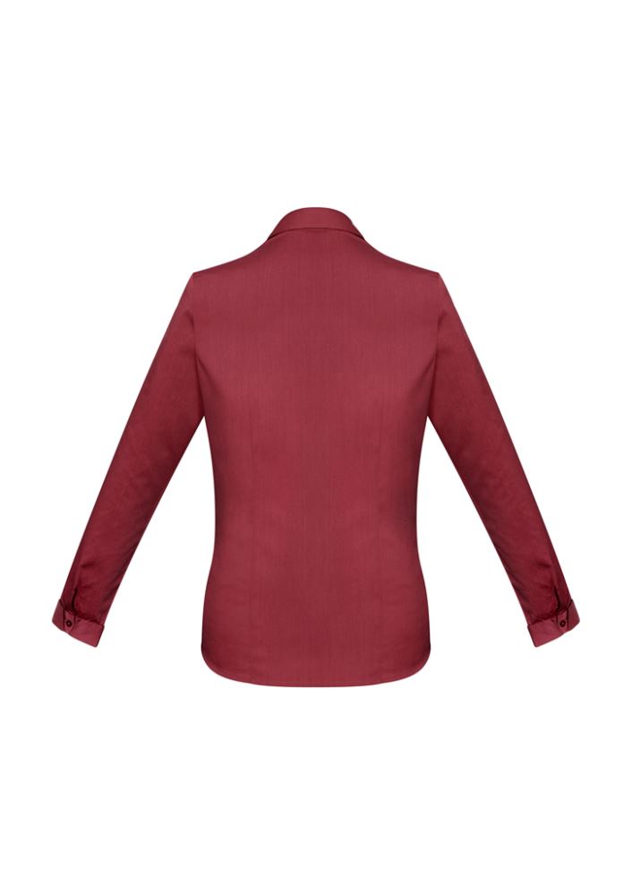 Ladies Monaco Long Sleeve Shirt in Cherry, size 8, featuring Y-neckline, curved hem, and cotton-rich stretch fabric.
