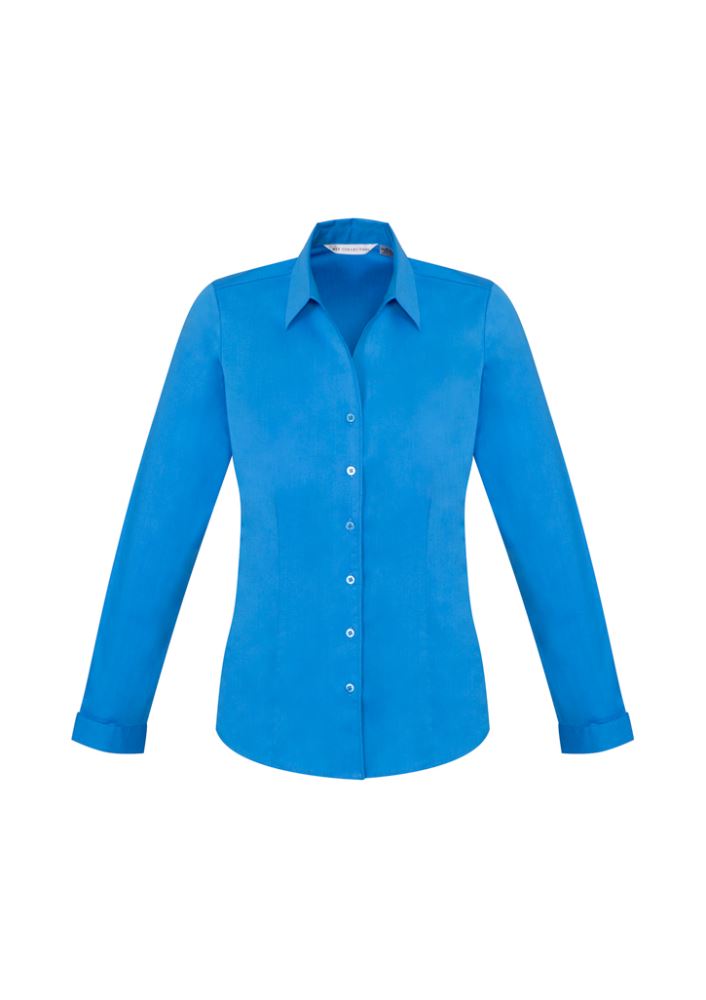 Ladies Monaco Long Sleeve Shirt in Cyan, size 26, featuring a Y-neckline, turn-back cuffs, and a flattering silhouette.