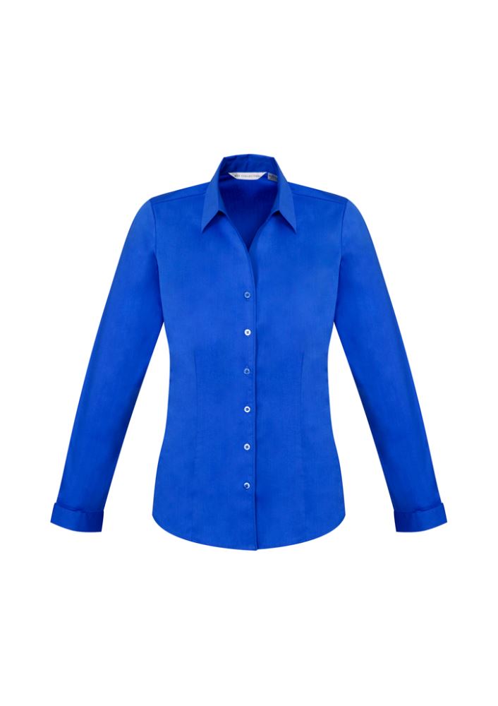 Electric blue long sleeve shirt for ladies, size 20, featuring a Y-neckline, tailored fit, and comfortable stretch fabric.