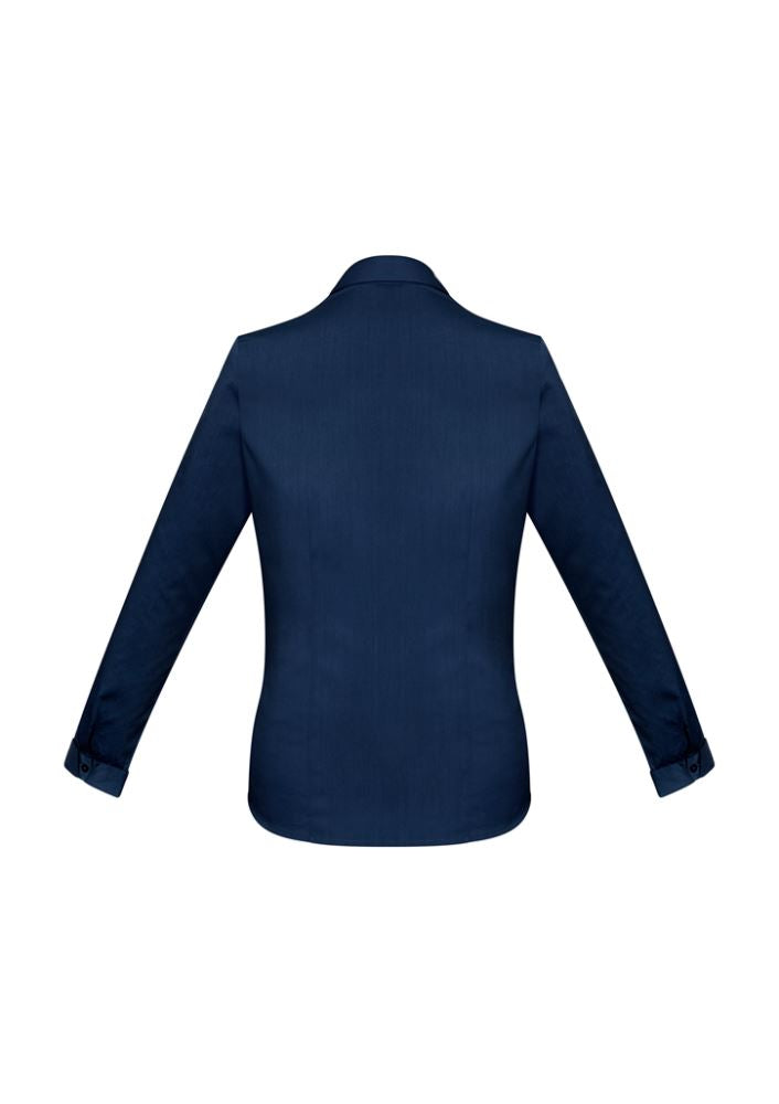 Ladies Monaco Long Sleeve Shirt in Ink, size 12, features a Y-neckline, turn-back cuffs, and comfortable stretch fabric.