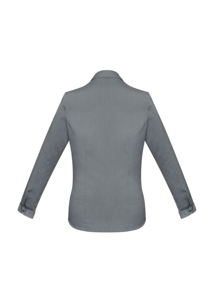 Ladies Monaco Long Sleeve Shirt in Platinum, Size 22, featuring a Y-neckline, elegant cuffs, and comfortable stretch fabric.