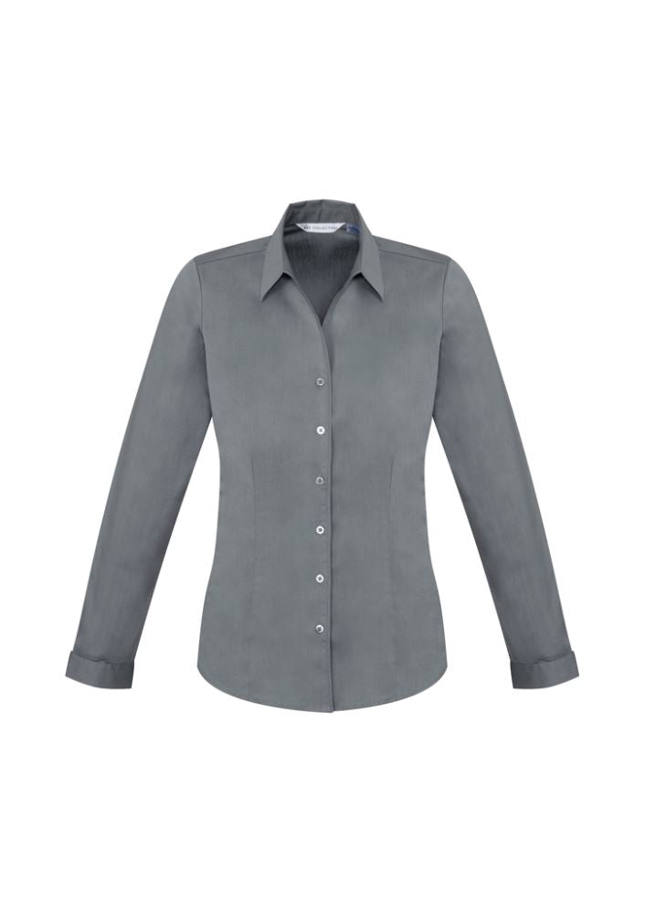 Ladies Monaco Long Sleeve Shirt in Platinum, Size 14; features Y-neckline, stretch fabric, and sun protection for stylish comfort.