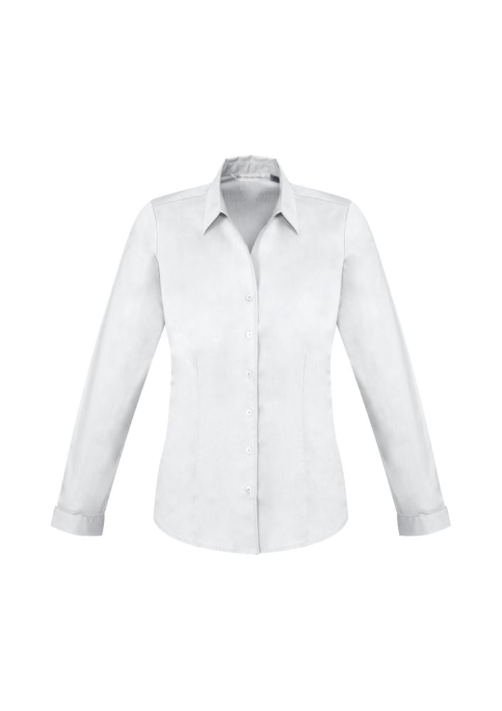 Ladies Monaco Long Sleeve Shirt in white, size 16, featuring elegant Y-neckline, turn-back cuffs, and built-in stretch for comfort.