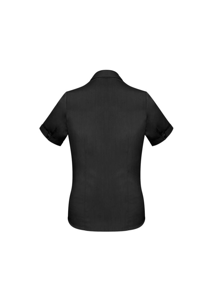 Ladies Monaco Short Sleeve Shirt in black, size 12, featuring Y-neckline, curved hem, and built-in stretch for comfort.